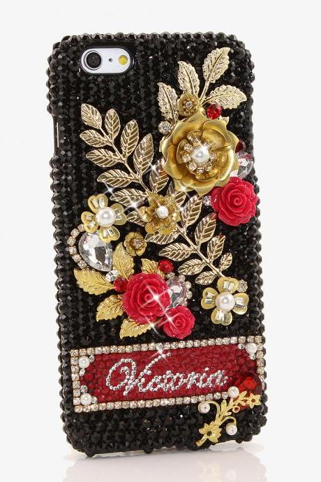 Bling Crystals Phone Case for iPhone 6 / 6s, iPhone 6 / 6s PLUS, iPhone 4, 5, 5S, 5C, Samsung Note 2, Note 3, Note 4, Galaxy S3, S4, S5, S6, S6 Edge, HTC ONE M9 (GOLDEN FLORAL PERSONALIZED NAME & INITIALS DESIGN) By LuxAddiction