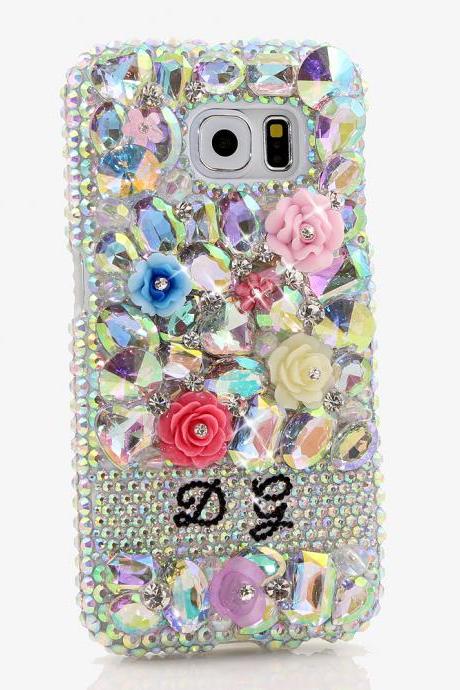 Bling Crystals Phone Case for iPhone 6 / 6s, iPhone 6 / 6s PLUS, iPhone 4, 5, 5S, 5C, Samsung Note 2, Note 3, Note 4, Galaxy S3, S4, S5, S6, S6 Edge, HTC ONE M9 (AB STONES AND FLORALS PERSONALIZED NAME & INITIALS DESIGN) By LuxAddiction