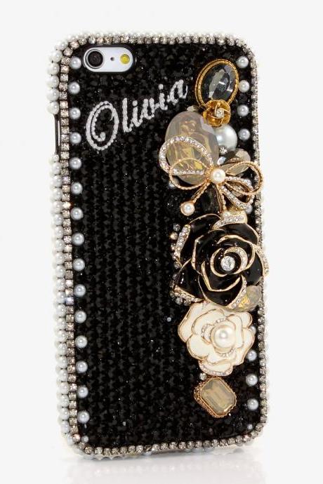 Bling Crystals Phone Case for iPhone 6 / 6s, iPhone 6 / 6s PLUS, iPhone 4, 5, 5S, 5C, Samsung Note 2, Note 3, Note 4, Galaxy S3, S4, S5, S6, S6 Edge, HTC ONE M9 (BLACK AND GOLD ELEGANT PERSONALIZED NAME & INITIALS DESIGN) By LuxAddiction