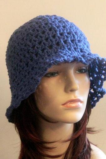 Crochet Hat Blue Summer Beach Floppy Wide Brim