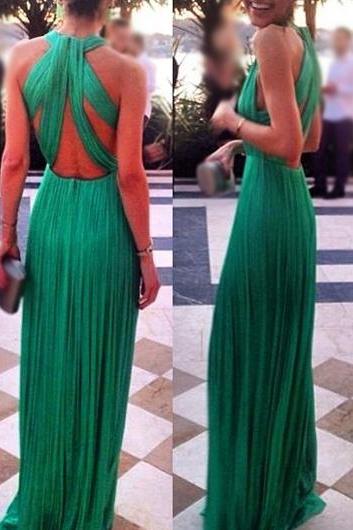Gorgeous Green Chiffon Pleated Long Dress