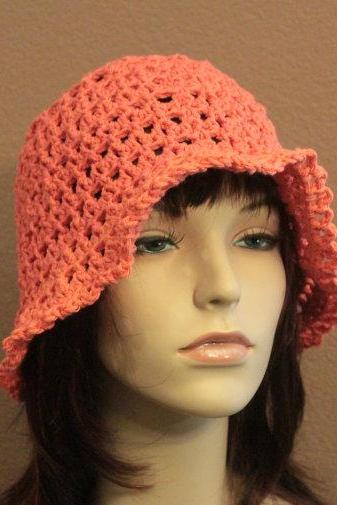 Womens Crochet Hat Tangerine Orange Summer Beach Floppy Wide Brim