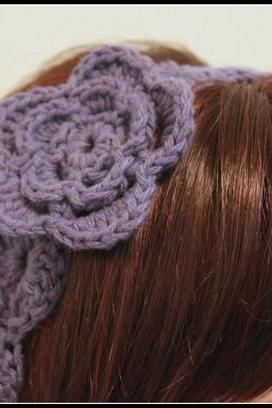 Womens Flower Headband Purple Crochet Hair Tie