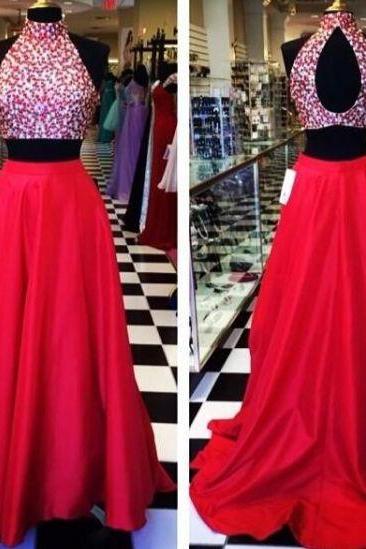 Custom Made High Neck 2 Pieces Red Long Prom Dress, Red Formal Dress