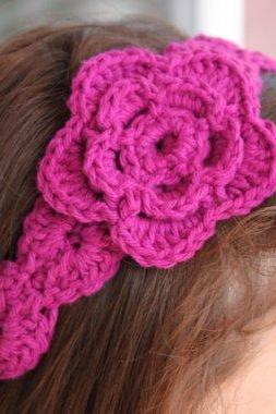 Flower Headband Crochet Hair Tie Magenta