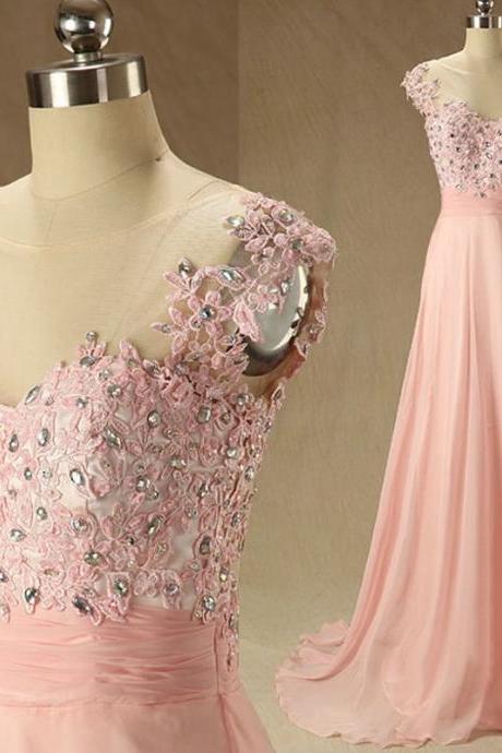 Pink Prom Dress, Cap Sleeve Prom Dress, Scoop Neck Formal Dress, Lace Prom Dresses, Long Evening Gowns, Chiffon Prom Dresses