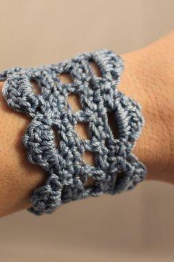 Lace Bracelet Crochet Cuff Blue Scalloped