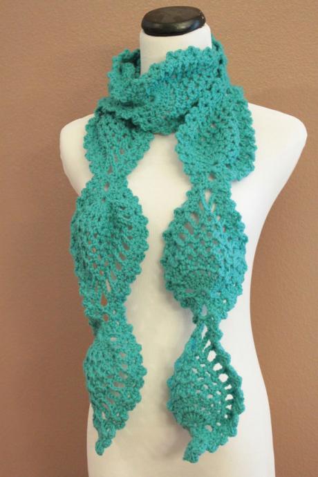 Turquoise Crochet Scarf Women's Chunky Lace Pineapple Motif Scarf