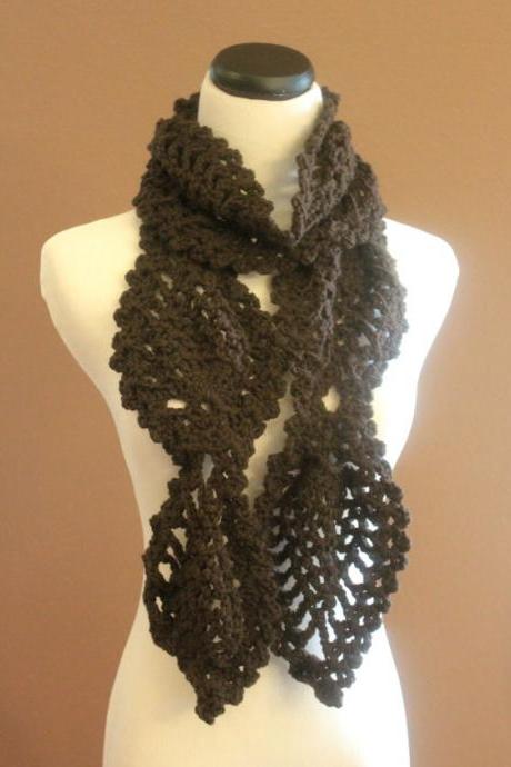 Womens Crochet Scarf Espresso Brown Chunky Lace Pineapple Motif