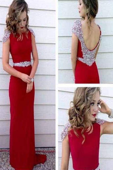 Custom Made A Line Round Neck Cap Sleeves Red Long Prom Dress, Red Long Formal Dress