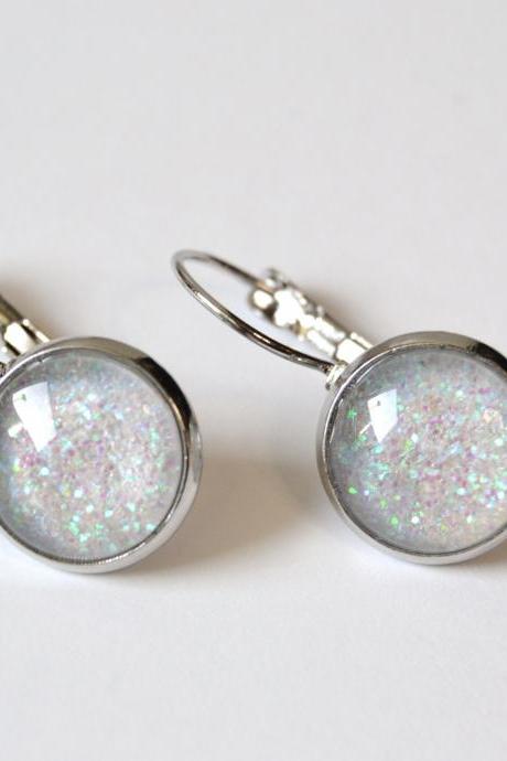 Sparkling White Small Earrings - Pastel Shades, Round Glass Cabochon And Glitters