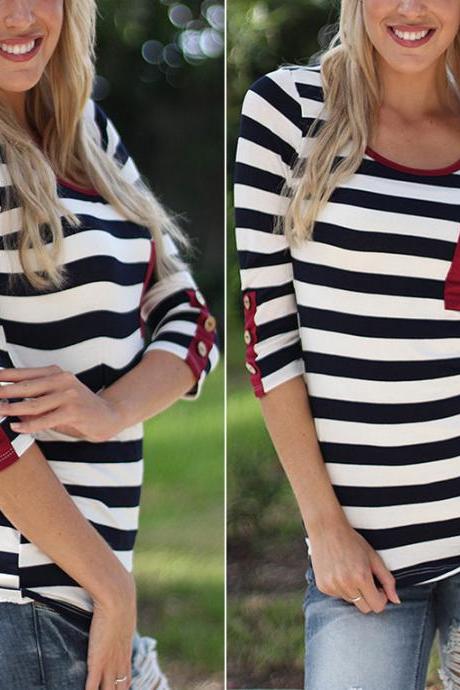2015 Casual Womens Tight Striped T Shirt 3/4 Sleeve Cotton Tops Shirt Blouse