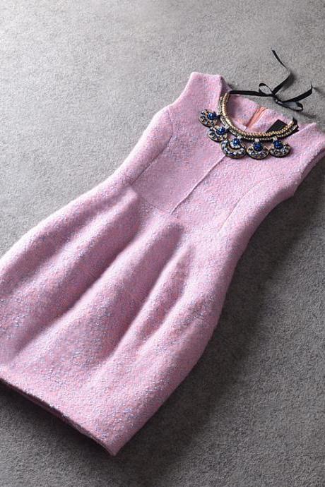 High Quality Sleeveless Woolen Dress For Autumn&Winter - Pink 
