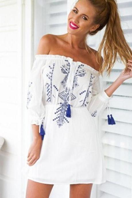 Off-the-shoulder Boho Embroidered Short Dress With Tassels And 3/4 Sleeves