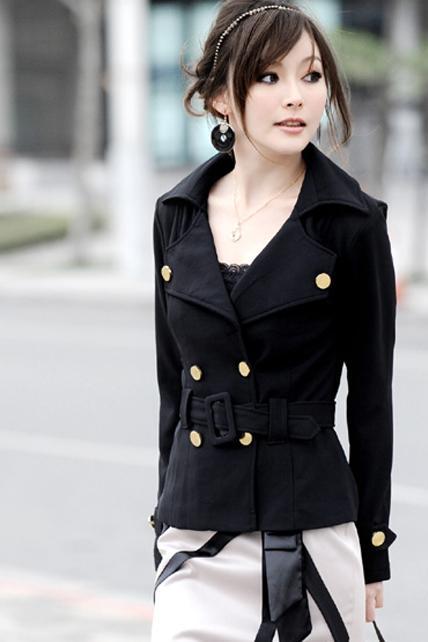 2015 Beautiful Double Breasted Black Cotton Spring Coat