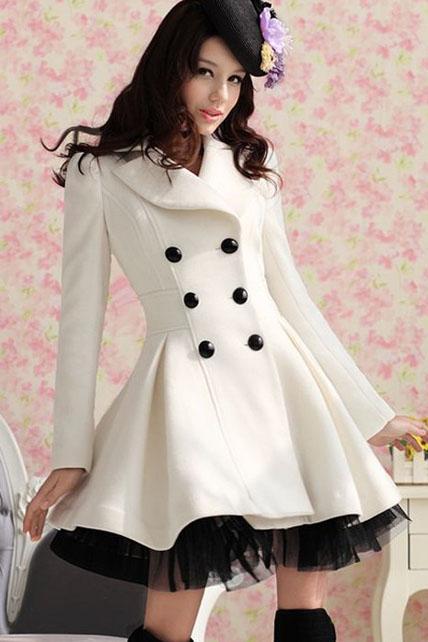 2015 Beautiful Elegant White Double Breasted Long Coat