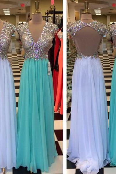 Backless Prom Dresses,Prom Dress With Cap Sleeve,A Line Prom Gown,Open Back Prom Dresses,White Evening Gowns,2016 Blue Teens Girl Dresses