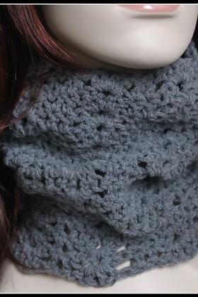 Crochet Chunky Cowl Lace Infinity Scarf Smokey Grey