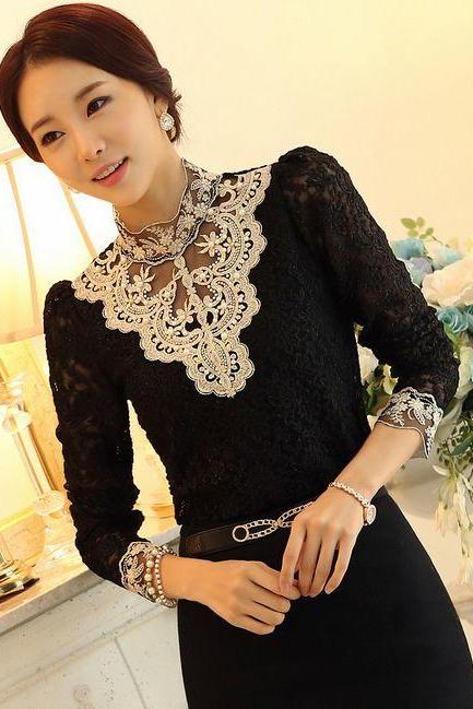 Black Sexy Black Beaded Lace Blouse