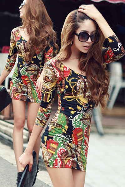Black Sexy V Neck Printed Long Sleeve Mini Dress