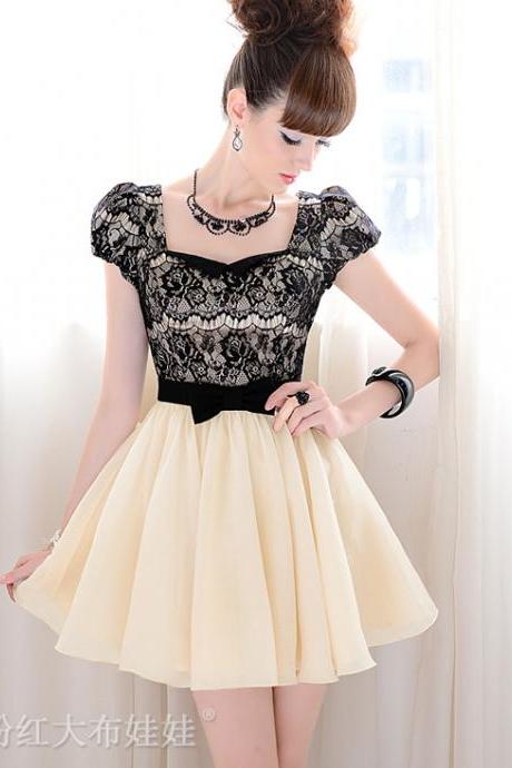 Black Sexy Lace And Bow Knot Design Puff Sleeve Dress