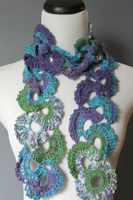 Womens Crochet Scarf Queen Annes Lace Crochet Scarf Ombre Multicolor Varigated Jewel Tones