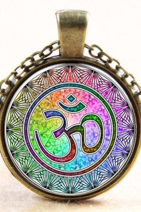 *Free Shipping* Newest Style Casual Yoga OM Pendant Necklace Fashion Round Ethnic Silver Plated Colorful Murano Slass Jewelry