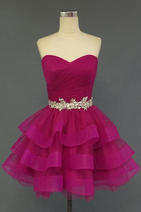 Pink Organza Sweetheart Neckline Short Prom Dress Homecoming Dresses,beadings Belt Tiered Wedding Party Gown, Rose Red Layers Homecoming Dress