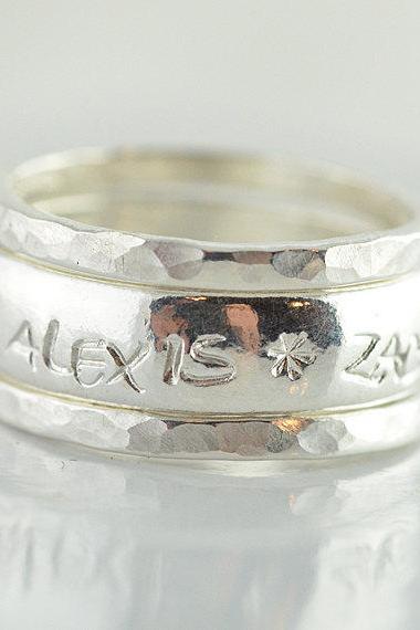 Stackable Mothers Ring, Sterling Silver Rings, Hammered Stacking Rings, Unique Rings, Personalized Hand Stamped Ring