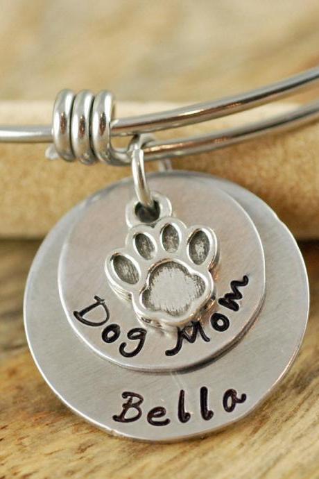 Personalized Hand Stamped Bangle Bracelet, Dog Mom Bracelet, Name Charm, Animal Lover Gift, Alex And Ani Inspired, Gift For Her