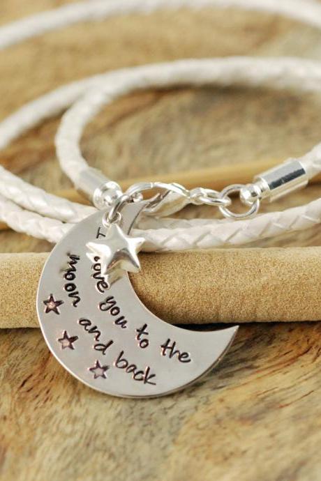 Personalized hand stamped Bracelet, Mother/Daughter Bracelet, Leather wrap bracelet, I love you to the moon and back bracelet