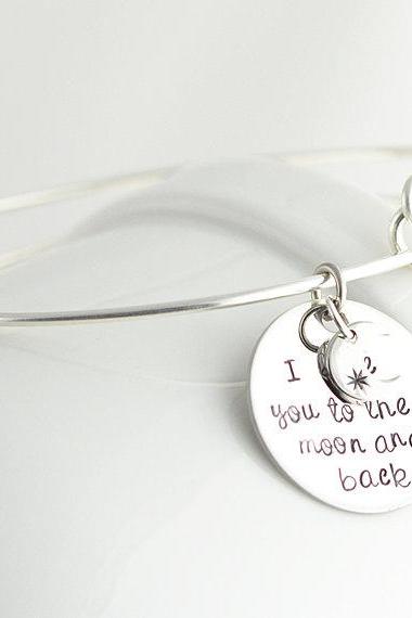 Personalized Bangle Bracelet, Bangle Charm Bracelet, I Love You To The Moon And Back, Womens Jewelry, Alex And Ani Inspired