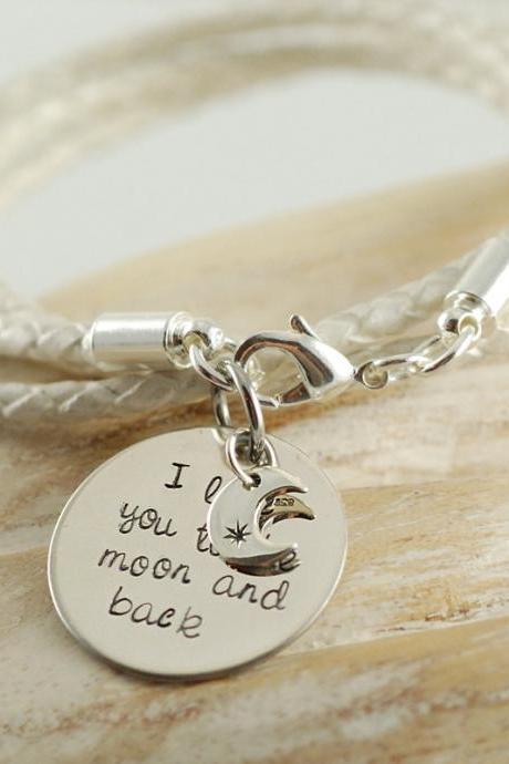 Personalized Hand Stamped Bracelet,i Love You To The Moon And Back Leather Wrap Bracelet