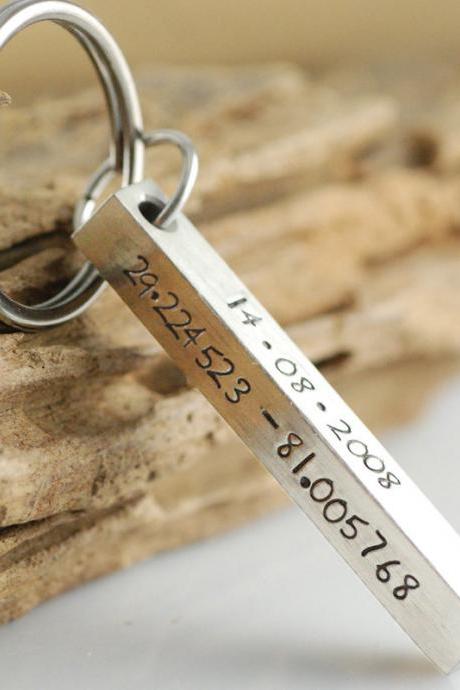 Personalized Hand Stamped Key Chain, Fathers Day Gift, Bar Key Chain, Coordinates