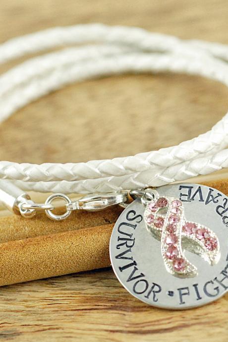 Personalized Hand Stamped Bracelet, Breast Cancer Awareness, Leather Bracelet, Womens Jewelry, Breast Cancer Survivor Bracelet