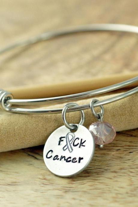 Personalized hand stamped Bangle Bracelet, breast cancer awareness jewelry, F*ck Cancer Bracelet, alex and ani, fuck cancer