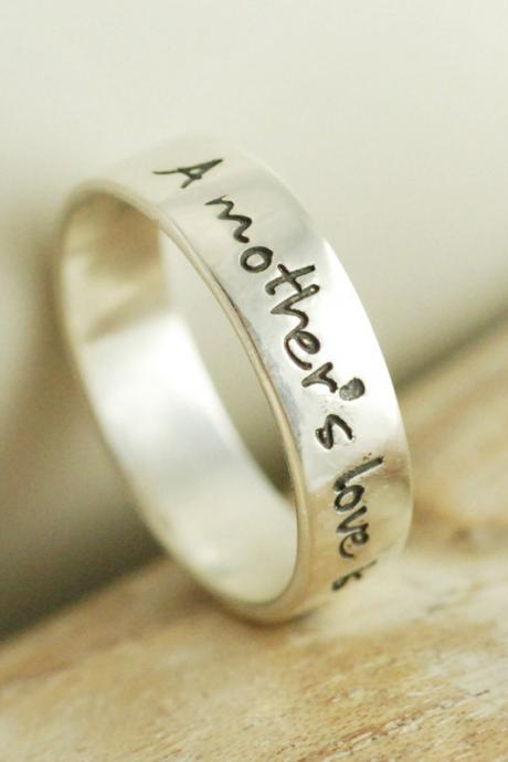 Personalized Hand Stamped Sterling Silver Ring - A Mothers Love Is Never Ending