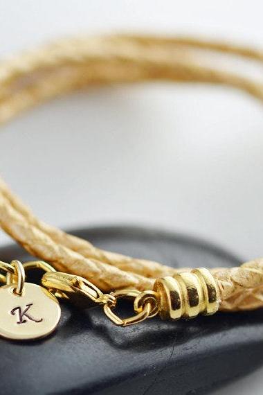 Personalized Gold Leather Cord Wrap Bracelet With 14k Gold Initial Disc, Womens Personalized Leather Bracelet, Womens Jewelry