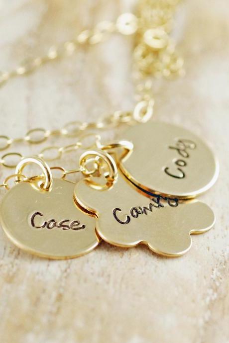 Hand Stamped Jewelry - Hand Stamped Necklace - Family Jewelry -Personalized Mom Necklace - Gold Discs with Childrens Names - Mothers Jewelry