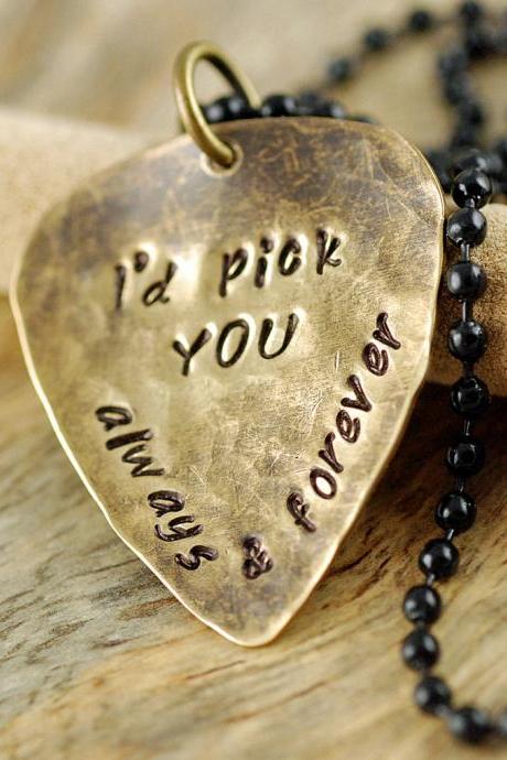 Guitar Pick Necklace, Stamped Jewelry, I&amp;amp;#039;d Pick You Personalized Hand Stamped Guitar Pick Necklace - Boyfriend, Friend, Husband,