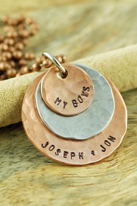 Personalized Mens Copper Silver Necklace - Hand Stamped My Boys - Custom Mens Jewelry - Mens Gifts - Gifts for Dad - Layered Disc Necklace
