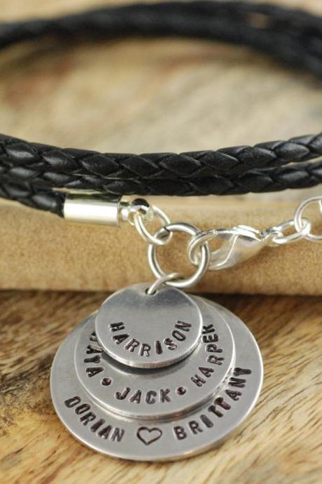 Personalized Hand Stamped Leather Bracelet, Mom Bracelet, Name Charm, Mothers Day Gift, Gift for Her, Mothers Jewelry