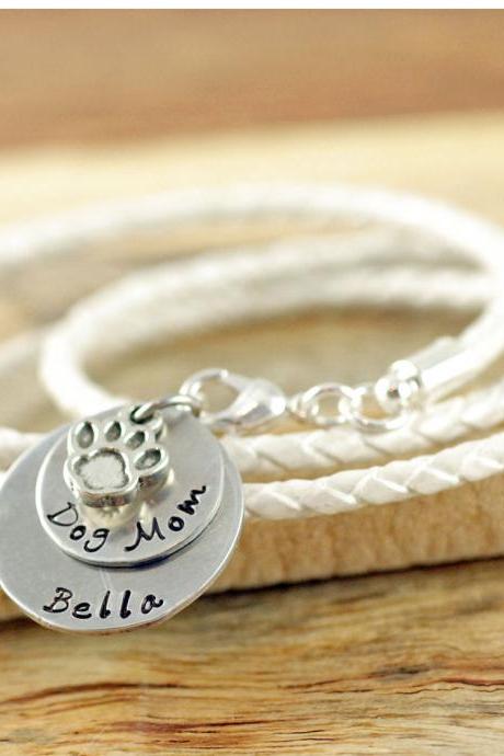 Personalized Hand Stamped Bangle Bracelet, Dog Mom Bracelet, Name Charm, Pet Lover Gift, Leather Bracelet, Gift For Her