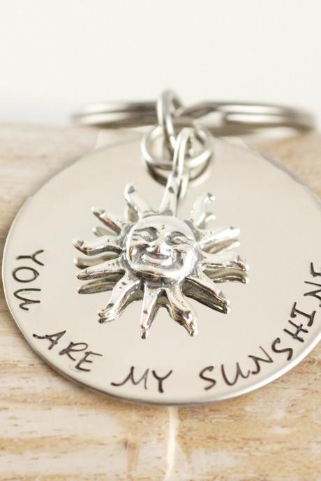 You are my sunshine hand stamped key chain, Keychains, accessories, gift for her