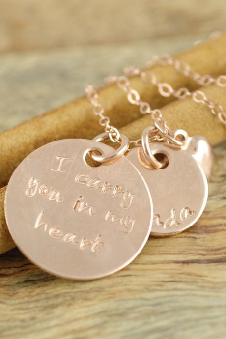 Personalized Jewelry - Mom Necklace - Gift for her - Rose Gold Necklace - Hand Stamped Necklace - I Carry Your Heart In My Heart