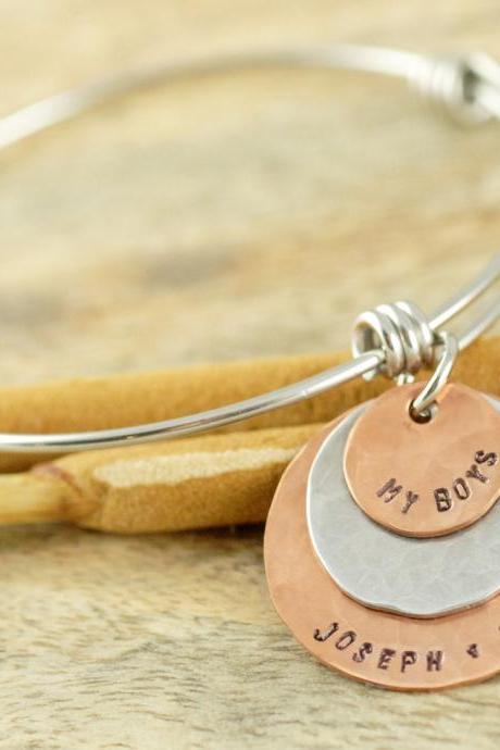 Personalized Hand Stamped Bracelet, Mom Bracelet, Alex And Ani Inspired, Mothers Day Gift, Gift For Her, My Boys, Mixed Metal Bracelet