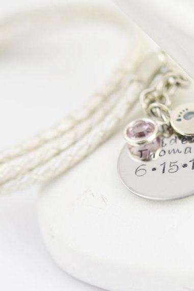 Hand Stamped Mommy Bracelet - Personalized Charm Bracelet - Mommy Bracelet with birthstone -name date charm