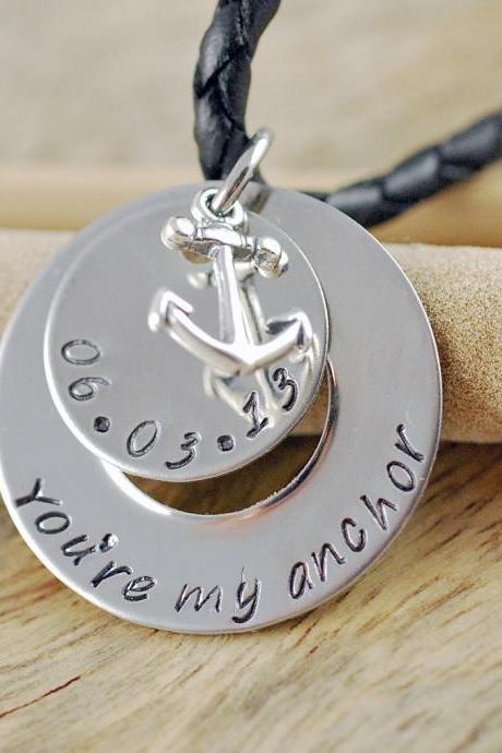 Mens Hand Stamped Necklace, Mens Personalized Jewelry, Washer Necklace, Fathers Day Gift, Anchor Charm