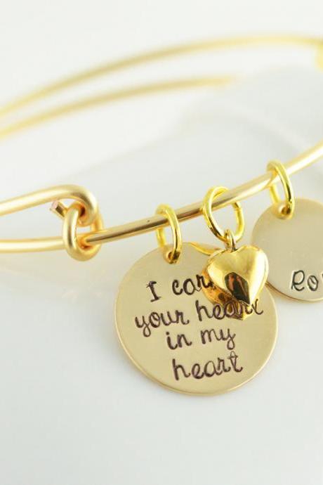 Personalized Hand Stamped Bangle Bracelet, I Carry Your Heart In My Heart, Name Charm, Mothers Day Bracelet, Alex And Ani Inspired