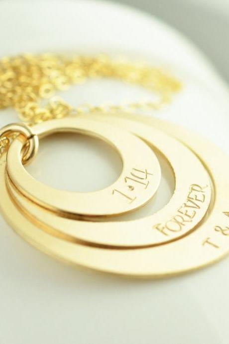 Personalized Gold Layered Name Necklace, Hand Stamped Gold Washer Necklace, Long Gold Layered Necklace